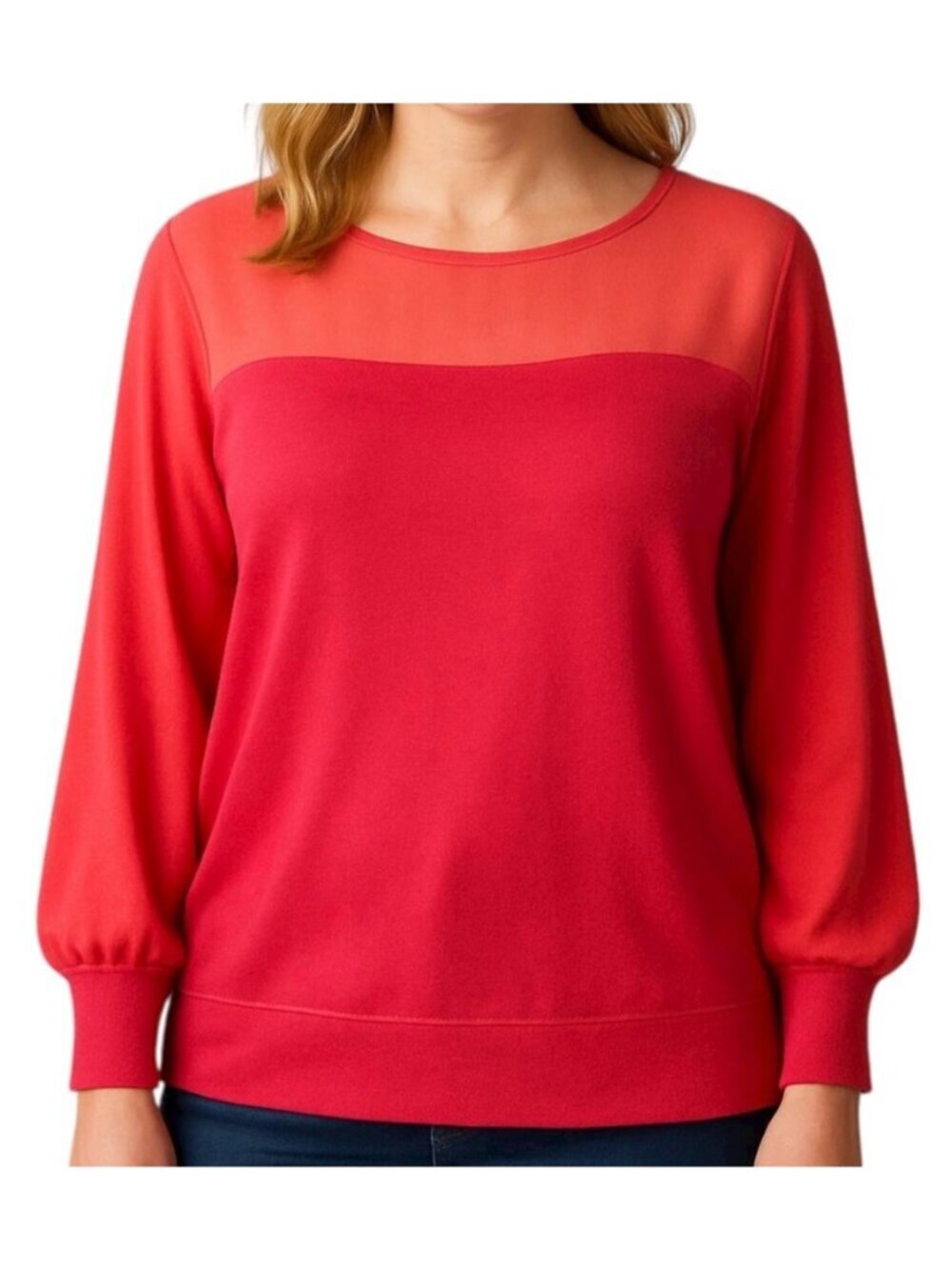 Calvin Klein Womens Sheer Panel Blouse~Size Lrg~Pink Chiffon Contrast Top L9 24